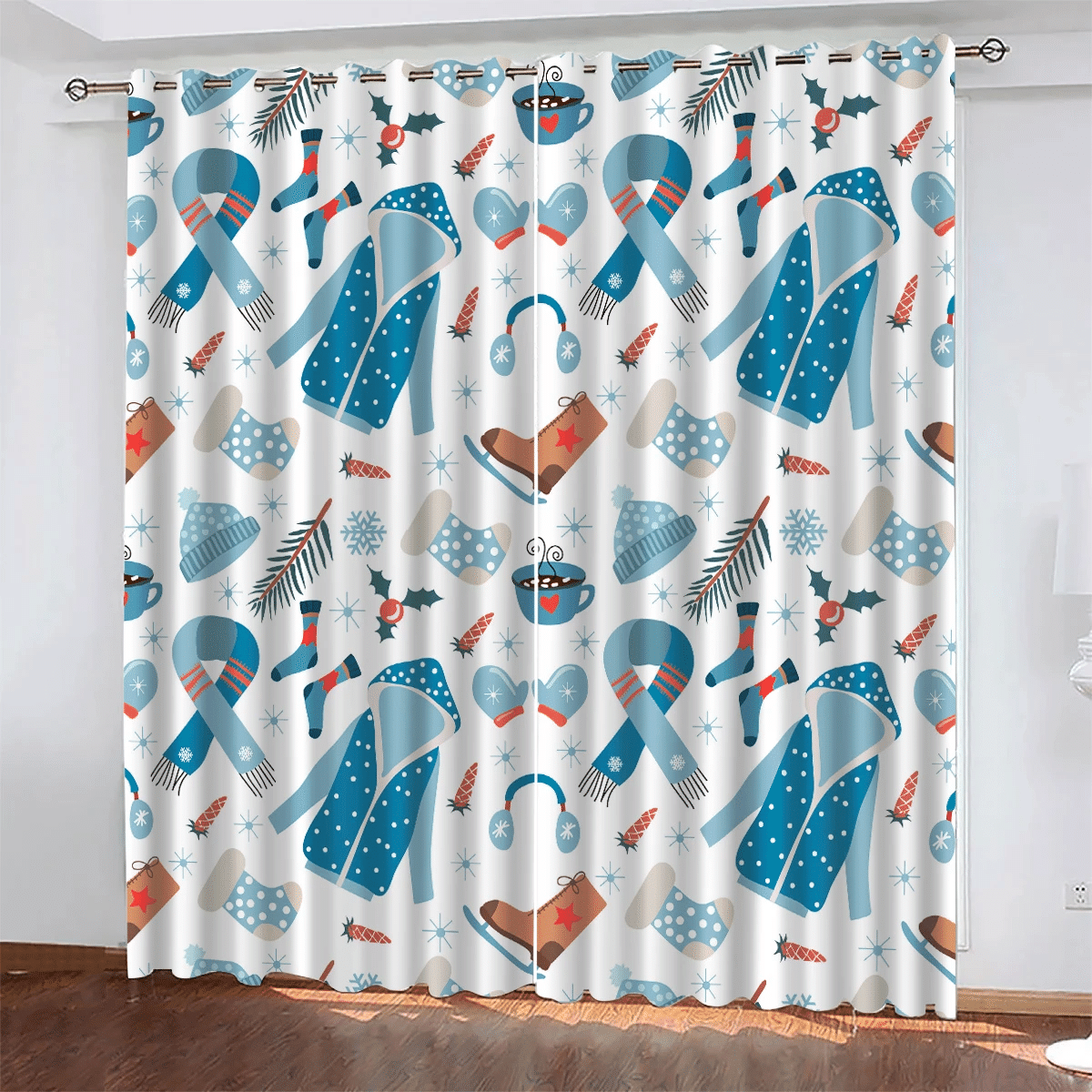 Merry Christmas With Holly Winter Clothers And Scarf Window Curtains Door Curtains Home Decor