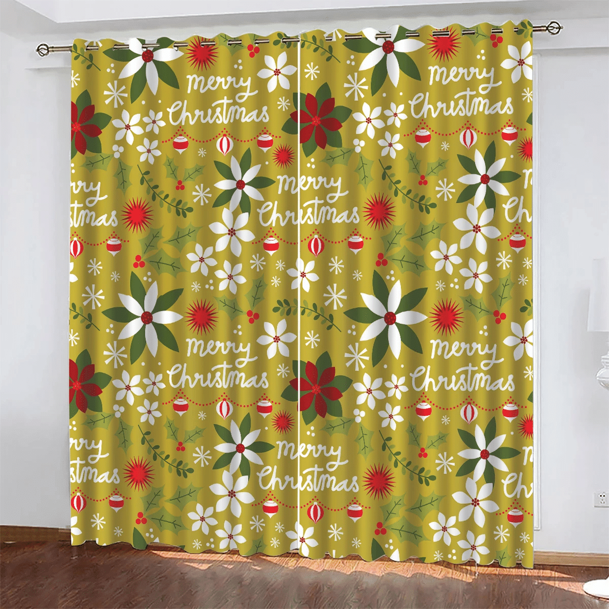 Hand Drawn Merry Christmas With Poinsettias And Lanterns Window Curtains Door Curtains Home Decor