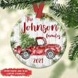 Custom Name And Year Red Truck Circle Ornament White Wood Background