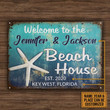 Blue Theme Welcome To Beach House Custom Name Year Place Rectangle Metal Sign