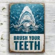 Shark Brush Your Teeth Blue And White Rectangle Metal Sign