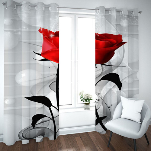 Red Rose Grey Background Printed Window Curtain Home Decor