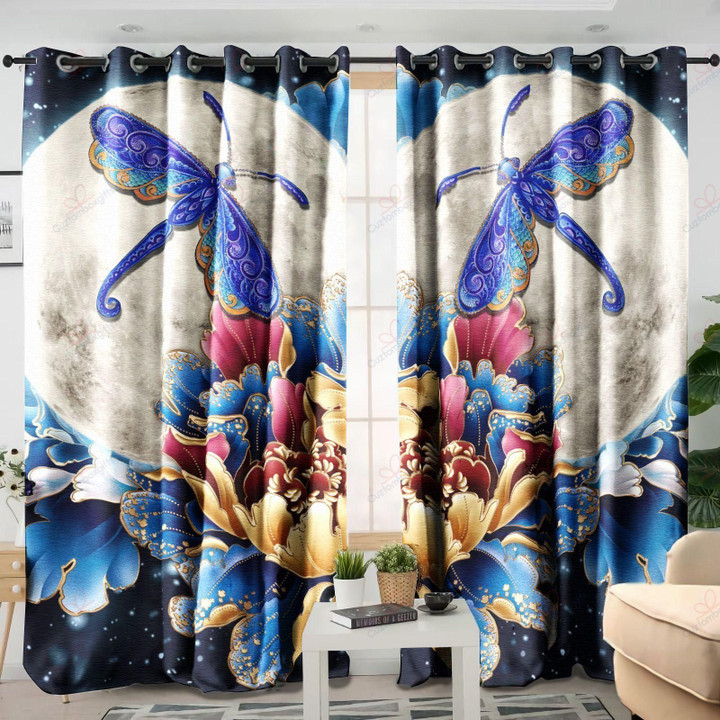 Blue Dragonfly With Flower Printed Window Curtain