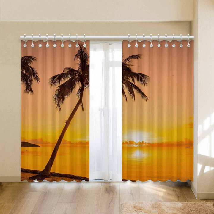 Beautiful Tropical Beach Sea With Coconut Palm Tree Printed Window Curtain
