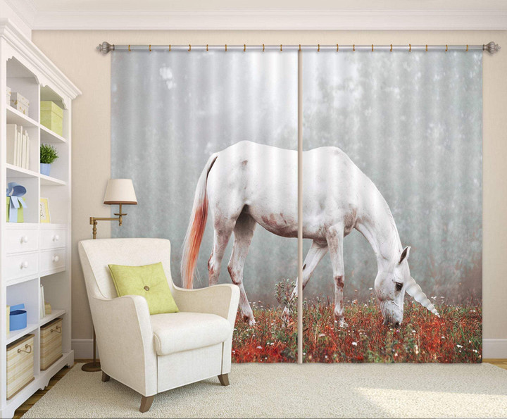 Lovely White Unicorn With Flowers Printed Window Curtain