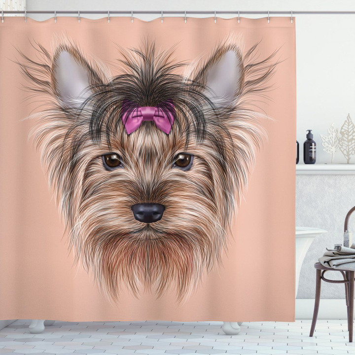 Realistic Dog Wear Pink Ribbon Printed Shower Curtain Bathroom Decor