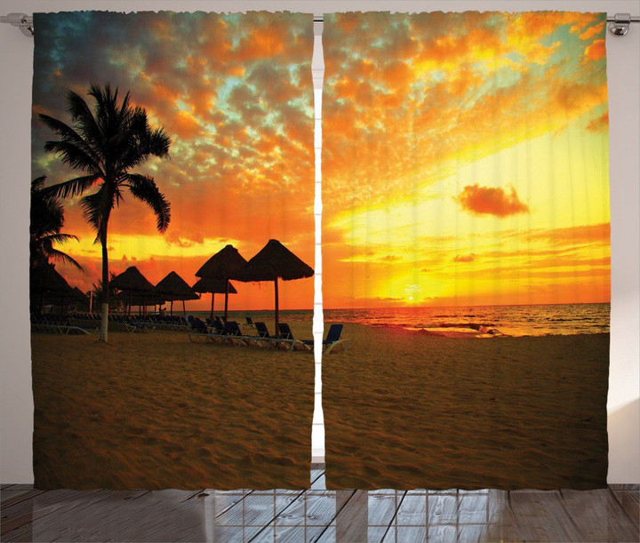 Romantic Sunset Scenery Palm Tree Printed Window Curtain Home Decor
