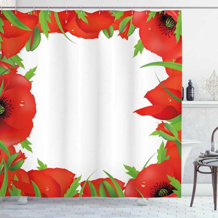 Lively Summer Meadow Red Flowers Pattern Shower Curtain Home Decor