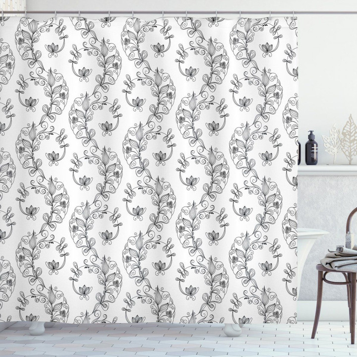 Scroll Lilies Pattern Printed Shower Curtain Bathroom Decor