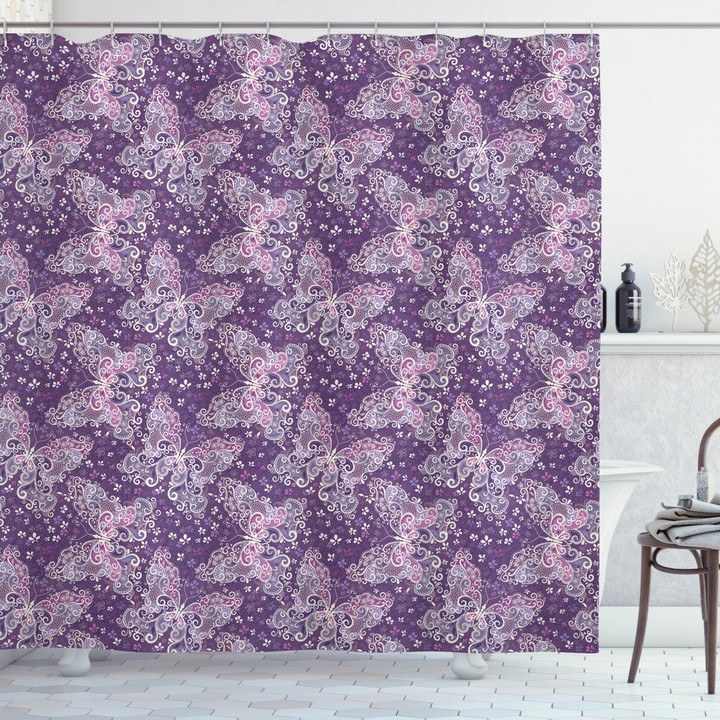 Ornamental Design Purple Butterflies Printed Shower Curtain Bathroom Decor