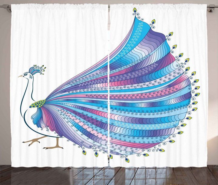 Stylized Peacock Feather White Background Printed Window Curtain Home Decor