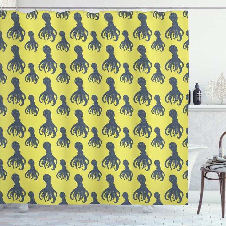 Abstract Octopus Yellow Printed Shower Curtain Bathroom Decor