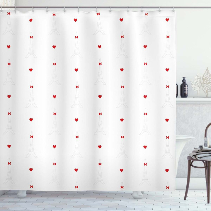 Red Hearts Bowties On White Printed Shower Curtain Bathroom Decor