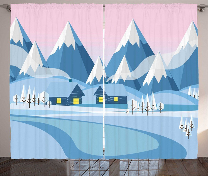 Winter Landscape Cottages Printed Window Curtain Home Decor