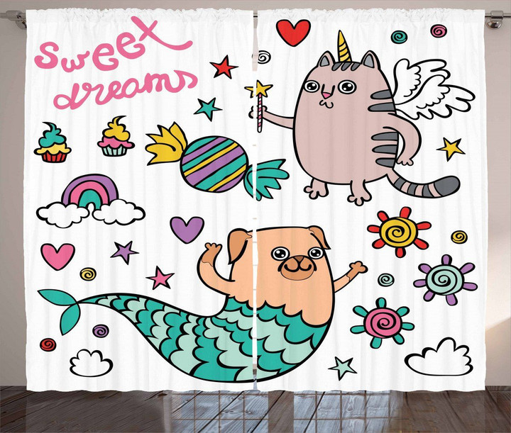 Pug Mermaid Wish Sweet Dream Printed Window Curtain Home Decor