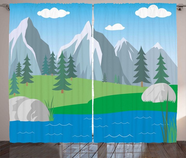 Cartoon Spring Scene Mountain Printed Window Curtain Home Decor