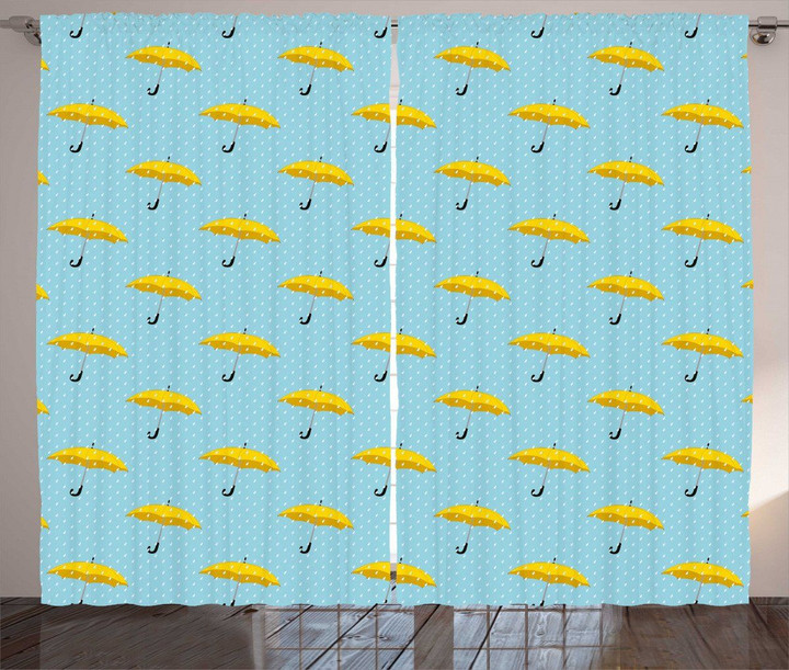 Raining Symmetric Drops Yellow Umbrella Printed Window Curtain Home Decor