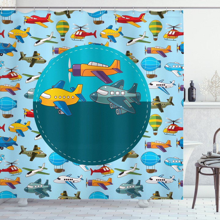 Colorful Cartoon Airplanes Printed Shower Curtain Bathroom Decor