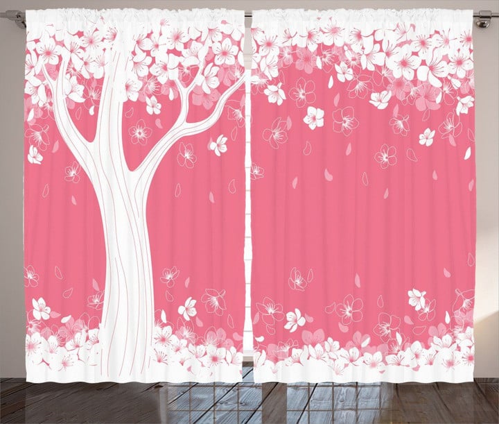 White Tree Springtime Flowers Printed Window Curtain Home Decor