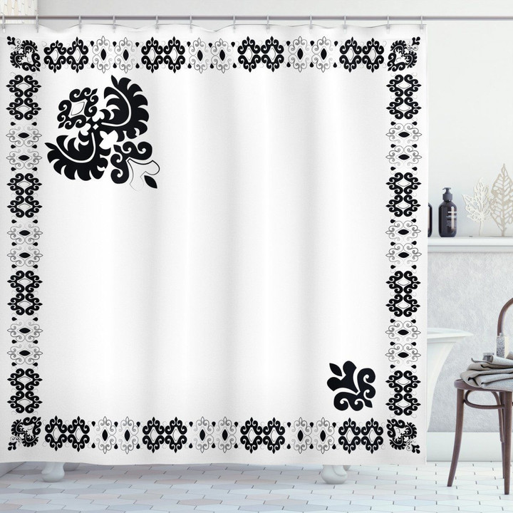 Black Oriental Frame Printed Shower Curtain Bathroom Decor