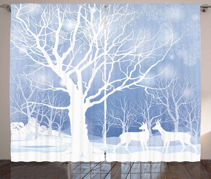 Abstract Winter Deer And Bare Tree Printed Window Curtain Home Decor