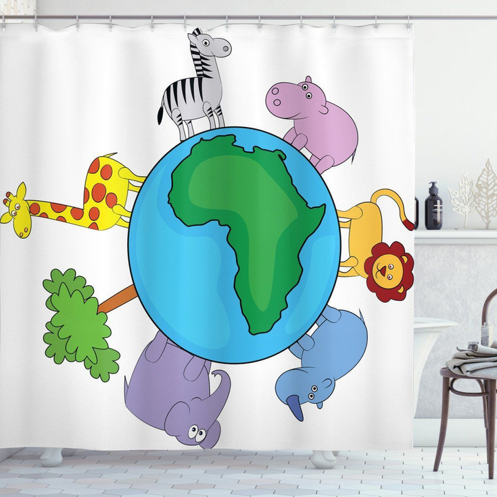 Continent Fauna Animals On Earth Printed Shower Curtain Bathroom Decor