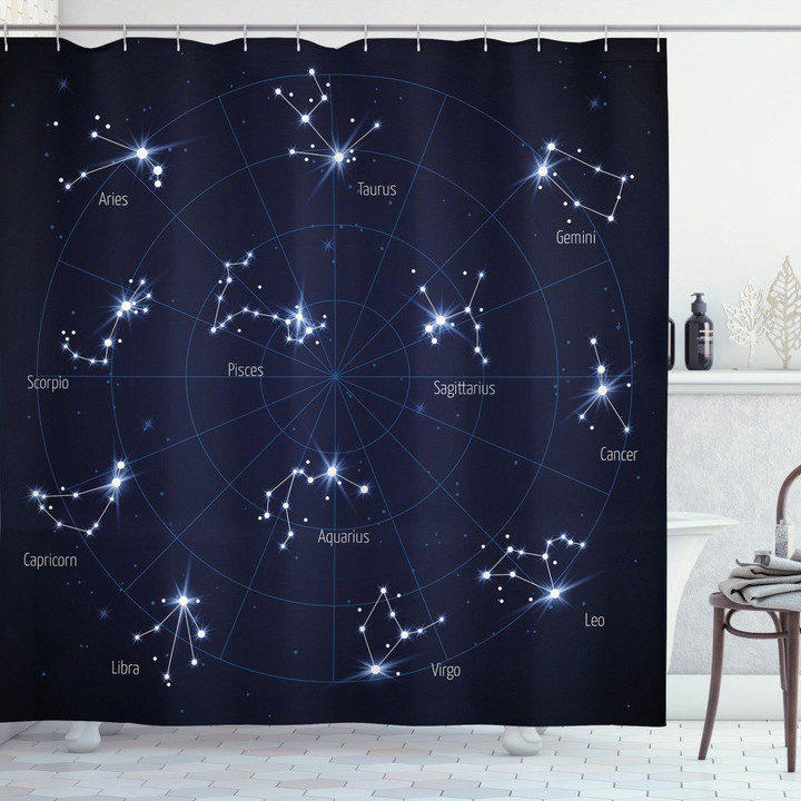 Horoscope Chart Zodiac Sign Pattern Printed Shower Curtain Bathroom Decor