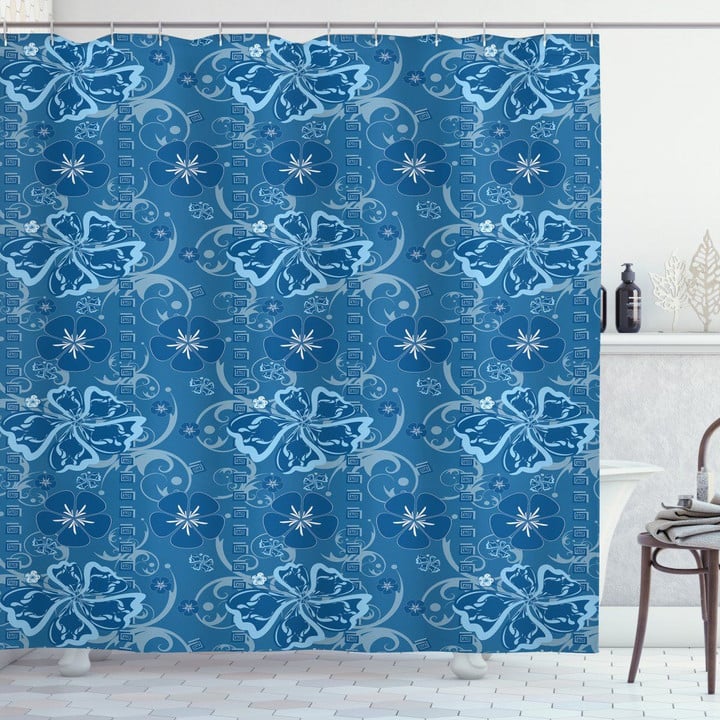 Blue Floral Pattern Printed Shower Curtain Bathroom Decor