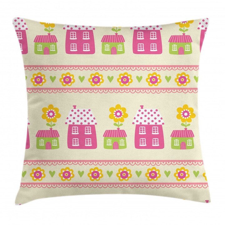 Cartoon Style Floral House Flower Pattern Cushion Cover