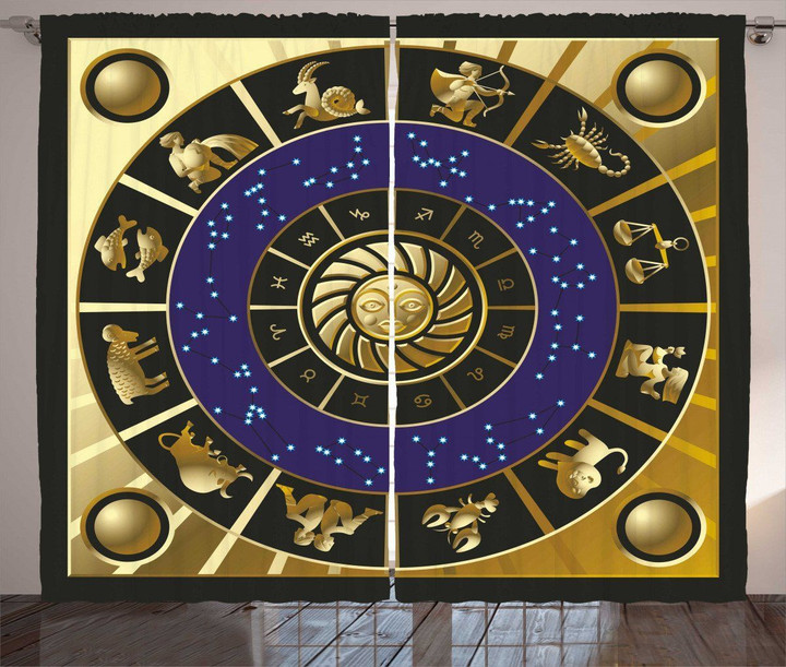 Golden Zodiac Horoscope Art Window Curtain Home Decor