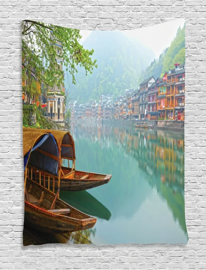 Chinese Wood Canal Design Printed Wall Tapestry Home Decor