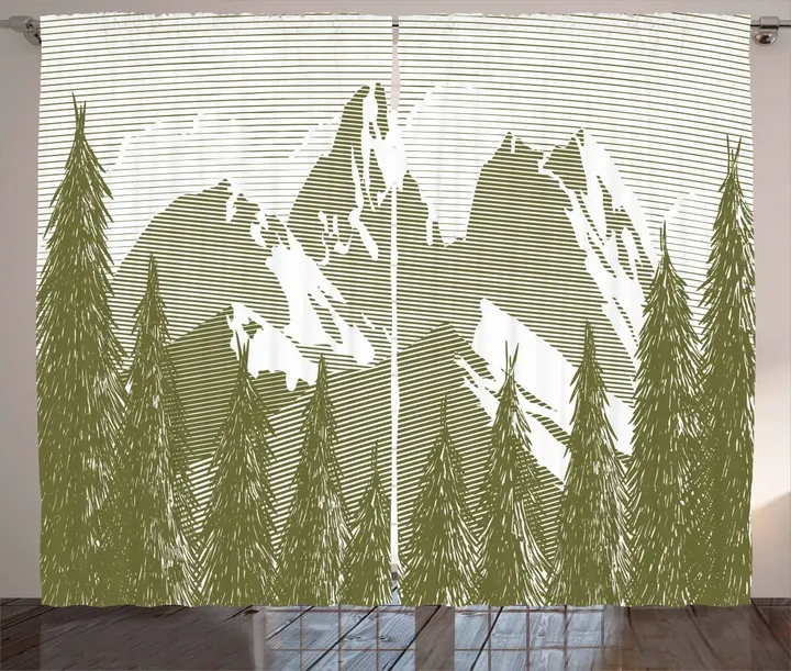 Woodcut Style Mountain Land Pattern Printed Window Curtain Door Curtain