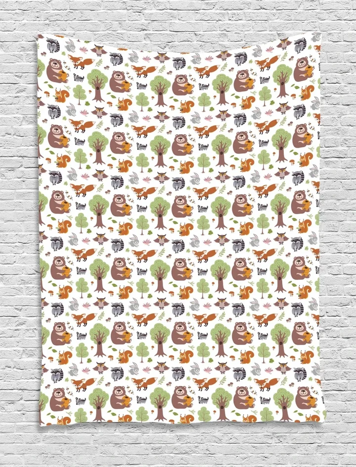 Doodle Woodland Animals Design Printed Wall Tapestry Home Decor