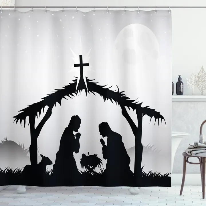 Black Silhouette Barn Sheep Pattern Printed Shower Curtain Home Decor