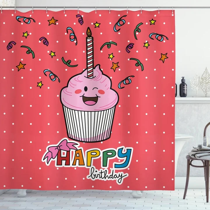 Pink Cupcake Bow Art Printed Shower Curtain Bathroom Decor