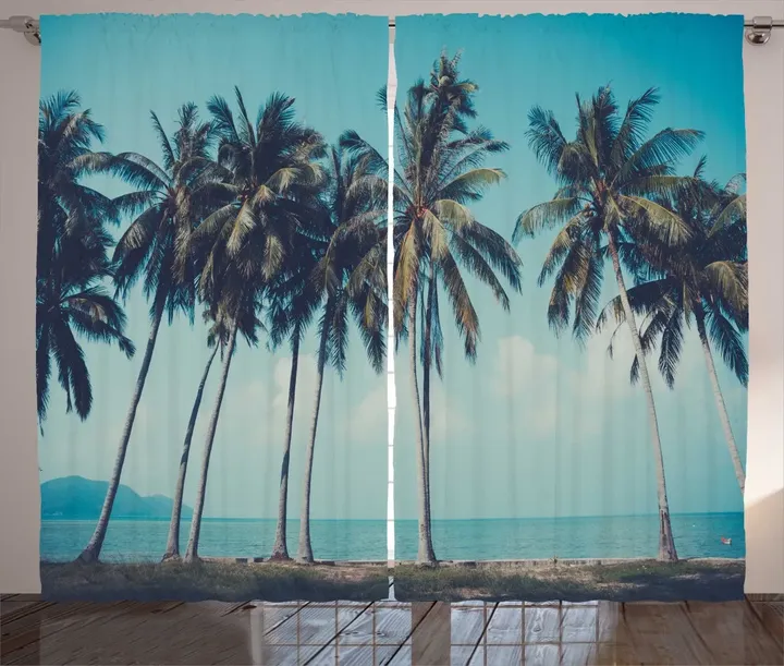 Summer Themed Tropical Shore Printed Window Curtain Door Curtain