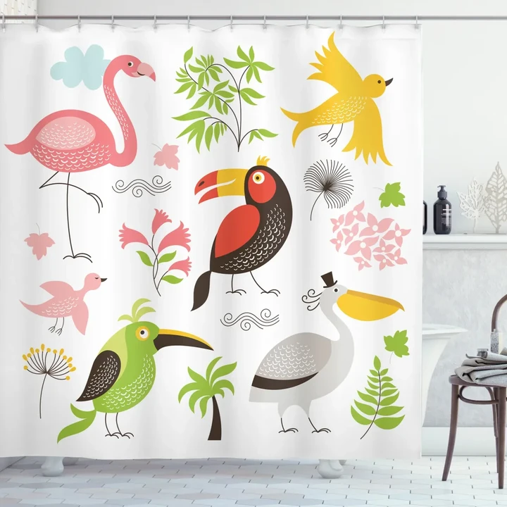 Flamingo And Pelican Colorful Animal Pattern Printed Shower Curtain Home Decor