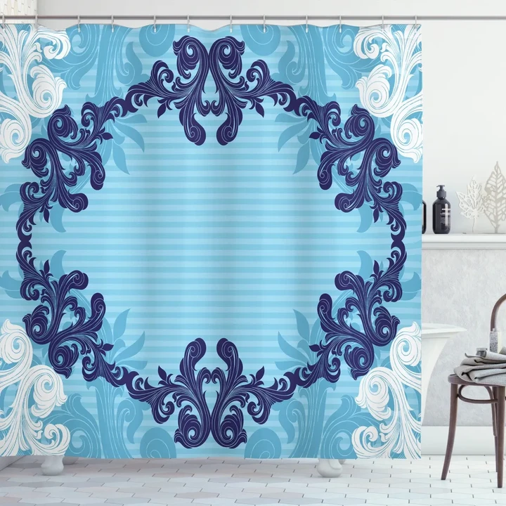 Blue Ornamental Flowers Blue Pattern Printed Shower Curtain Home Decor