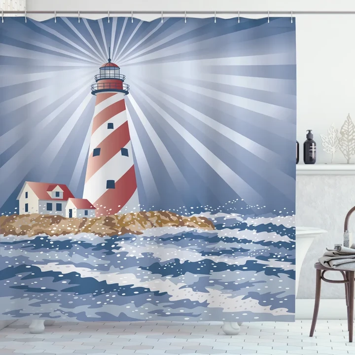 Watchtower Sea Waves Lighthouse Pattern Printed Shower Curtain Home Decor
