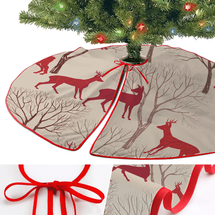 Christmas Winter Red Deer And Tree Christmas Tree Skirt Home Decor