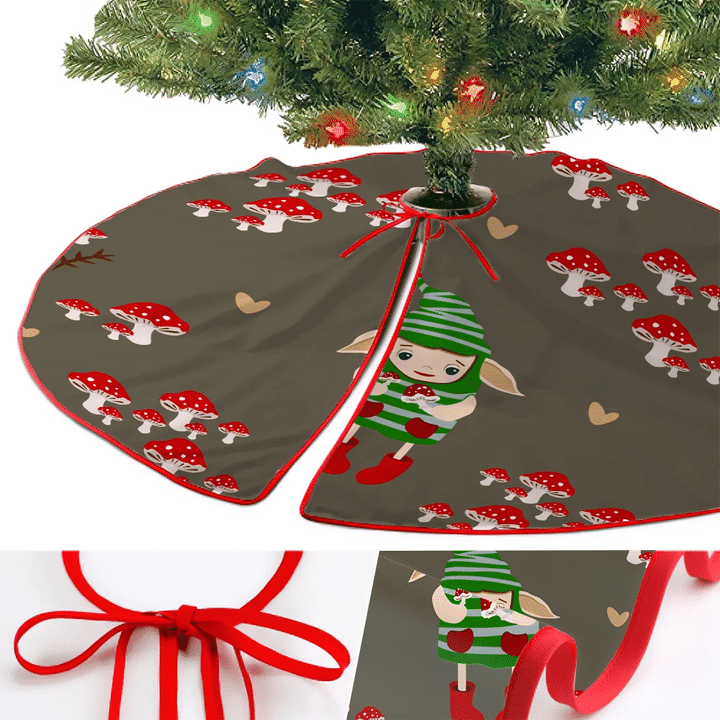 Red Cap Mushroom Gnomes In Cartoon Style On Brown Background Christmas Tree Skirt Home Decor