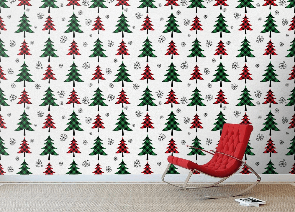 Red And Green Plaid Christmas Trees Wallpaper Wall Mural Home Decor