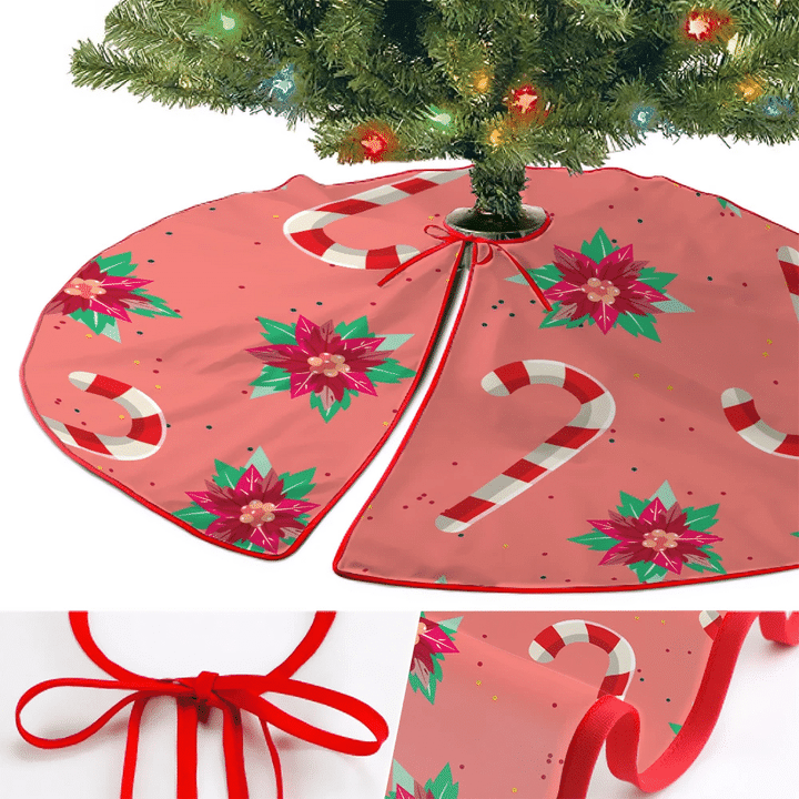 Poinsettia Flowers And Christmas Candy Cane Christmas Tree Skirt Home Decor