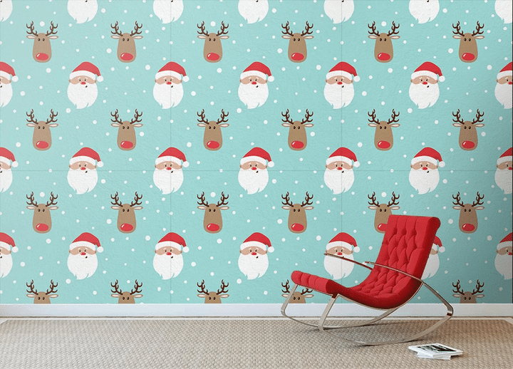 Christmas Pattern With Lovely Cartoon Santa And Deer Wallpaper Wall Mural Home Decor