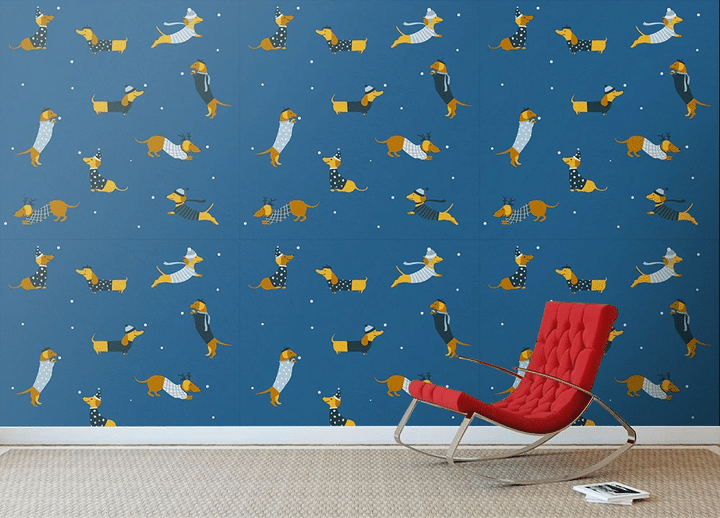 Dachshunds Wearing Hats And Clothes On Blue Wallpaper Wall Mural Home Decor