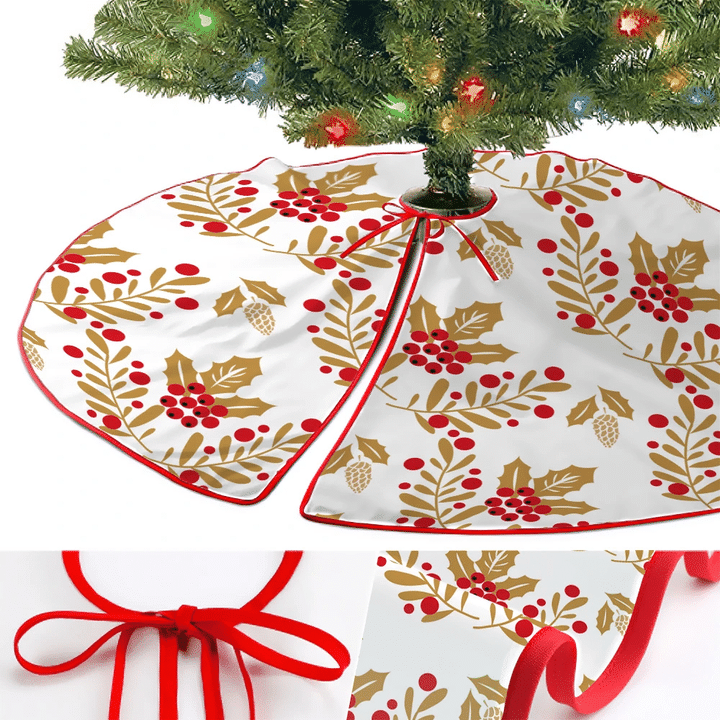 Abstract Golden Holly Leaves With Red Berries Pattern Christmas Tree Skirt Home Decor
