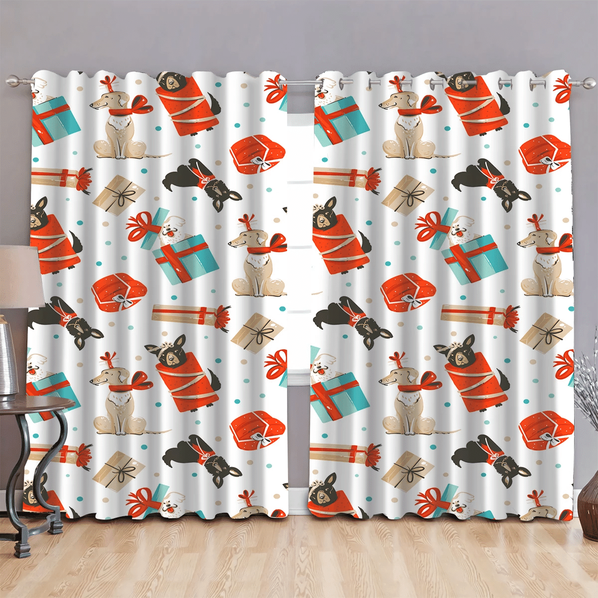 Cute Funny Dogs In Vintage Christmas Gifts Boxes Window Curtains Door Curtains Home Decor