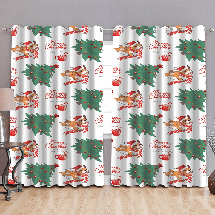 Bulldog Wearing Santa Claus Hat Christmas And New Year Window Curtains Door Curtains Home Decor