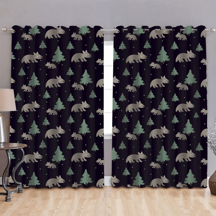 Wolf And Christmas Trees On A Black Background Window Curtains Door Curtains Home Decor