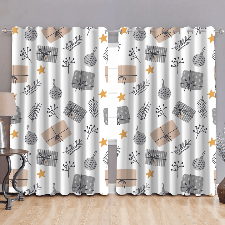Cozy Winter Illustration Pattern With Gift Boxes Leaves And Ornaments Window Curtains Door Curtains Home Decor